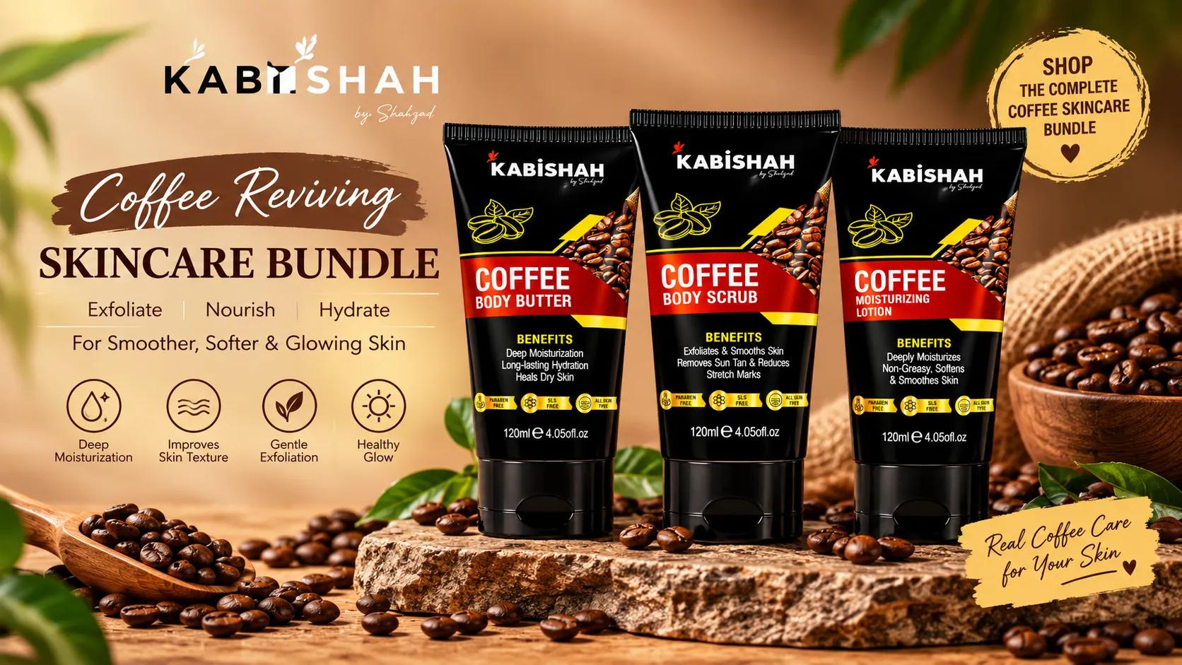 Coffee Reviving Skincare Bundle for Smooth, Hydrated & Glowing Skin - Kabishah